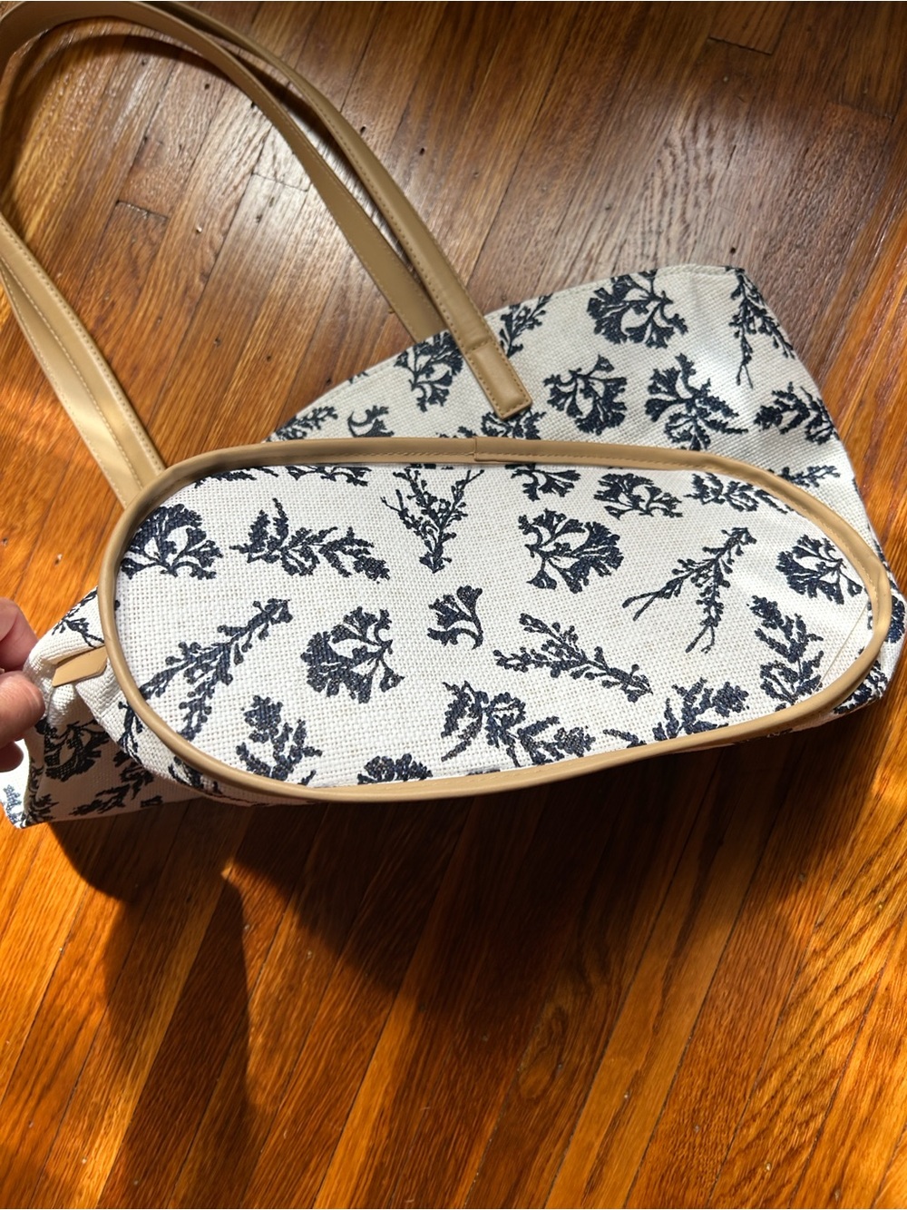 Vera Bradley Canvas Navy and Light Cream Tote Bag with Tan Handles - Picture 5 of 9